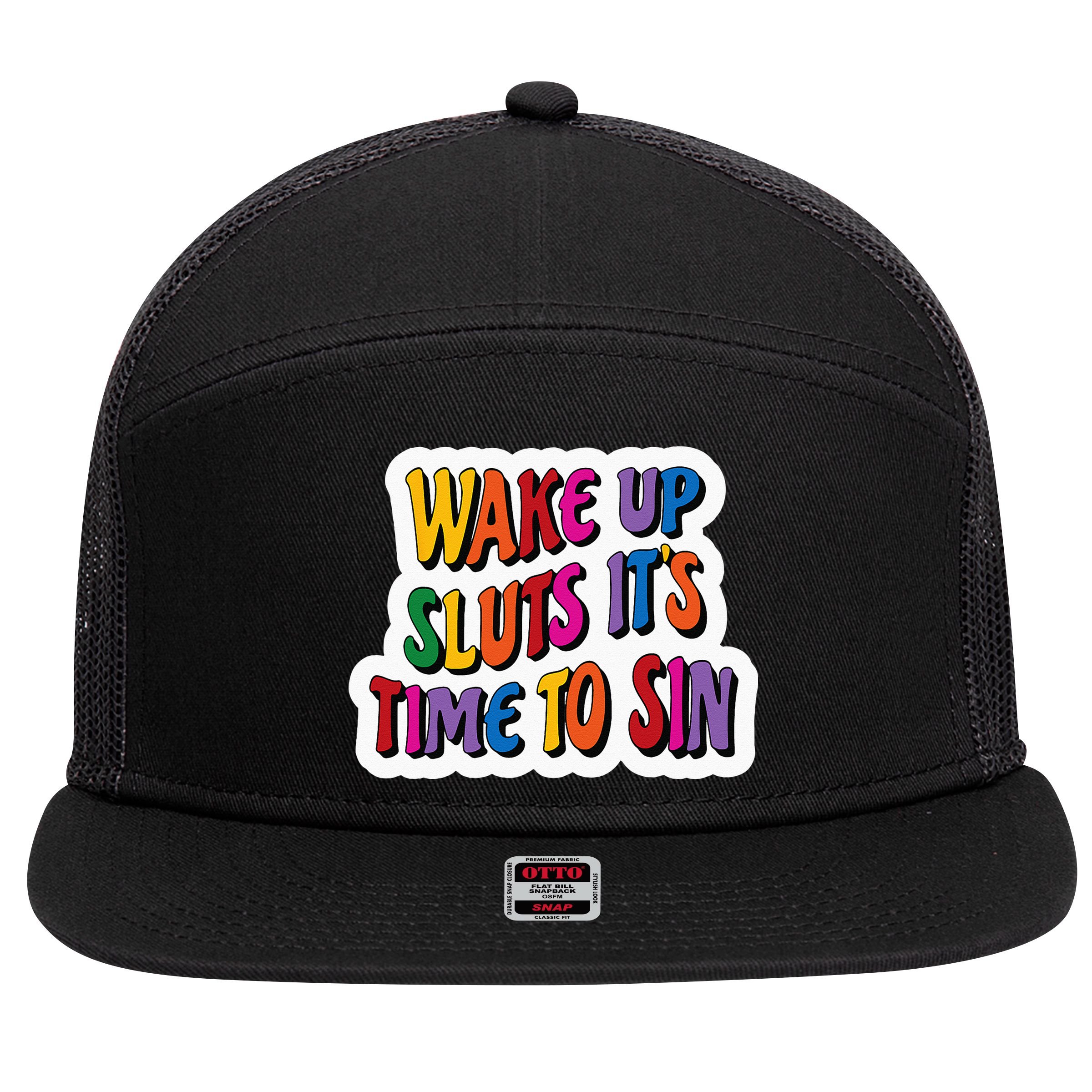 Funny PRIDE Flag Adult Wake up Sluts it's time to Sin 7 Panel Mesh Trucker Snapback Hat