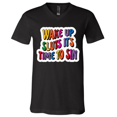 Funny PRIDE Flag Adult Wake up Sluts it's time to Sin V-Neck T-Shirt