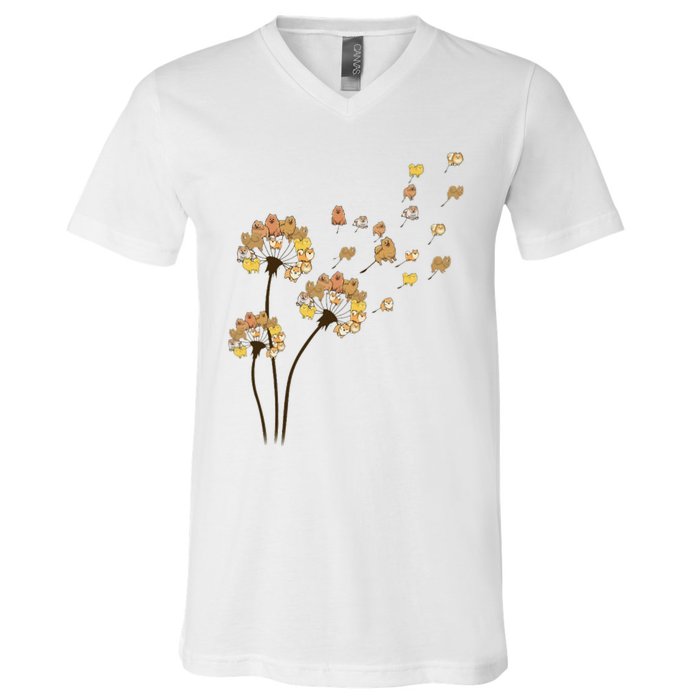 Funny Pomeranian Flower Fly Dandelion Dog Lover V-Neck T-Shirt