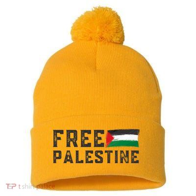 Free Palestine Flag Arabic Gaza Pom Pom 12in Knit Beanie