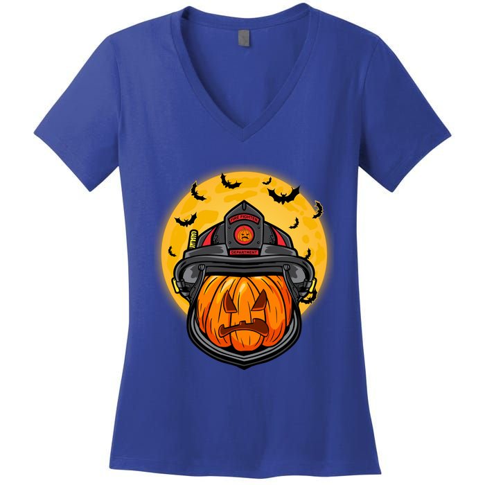 Firefighter Pumpkin Firefighter Halloween Fire Halloween Gift Women's V-Neck T-Shirt