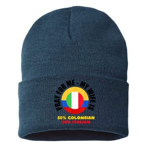 Funny Pray For Me, My Wife Is 50% Colombian 50% Italian Sustainable Knit Beanie