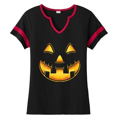 Funny Pumpkin Face Halloween Jack O Lantern Costume Ladies Halftime Notch Neck Tee