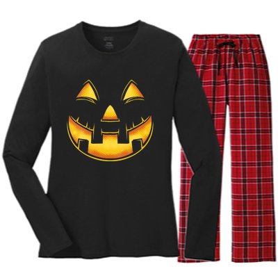 Funny Pumpkin Face Halloween Jack O Lantern Costume Women's Long Sleeve Flannel Pajama Set 