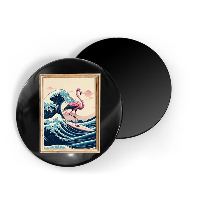 Funny Pink Flamingo Surfer Tropical Great Big Wave Framed Magnet