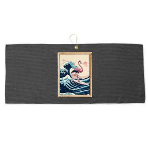 Funny Pink Flamingo Surfer Tropical Great Big Wave Framed Large Microfiber Waffle Golf Towel