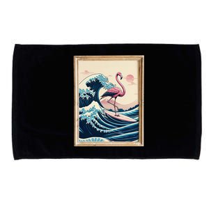 Funny Pink Flamingo Surfer Tropical Great Big Wave Framed Microfiber Hand Towel