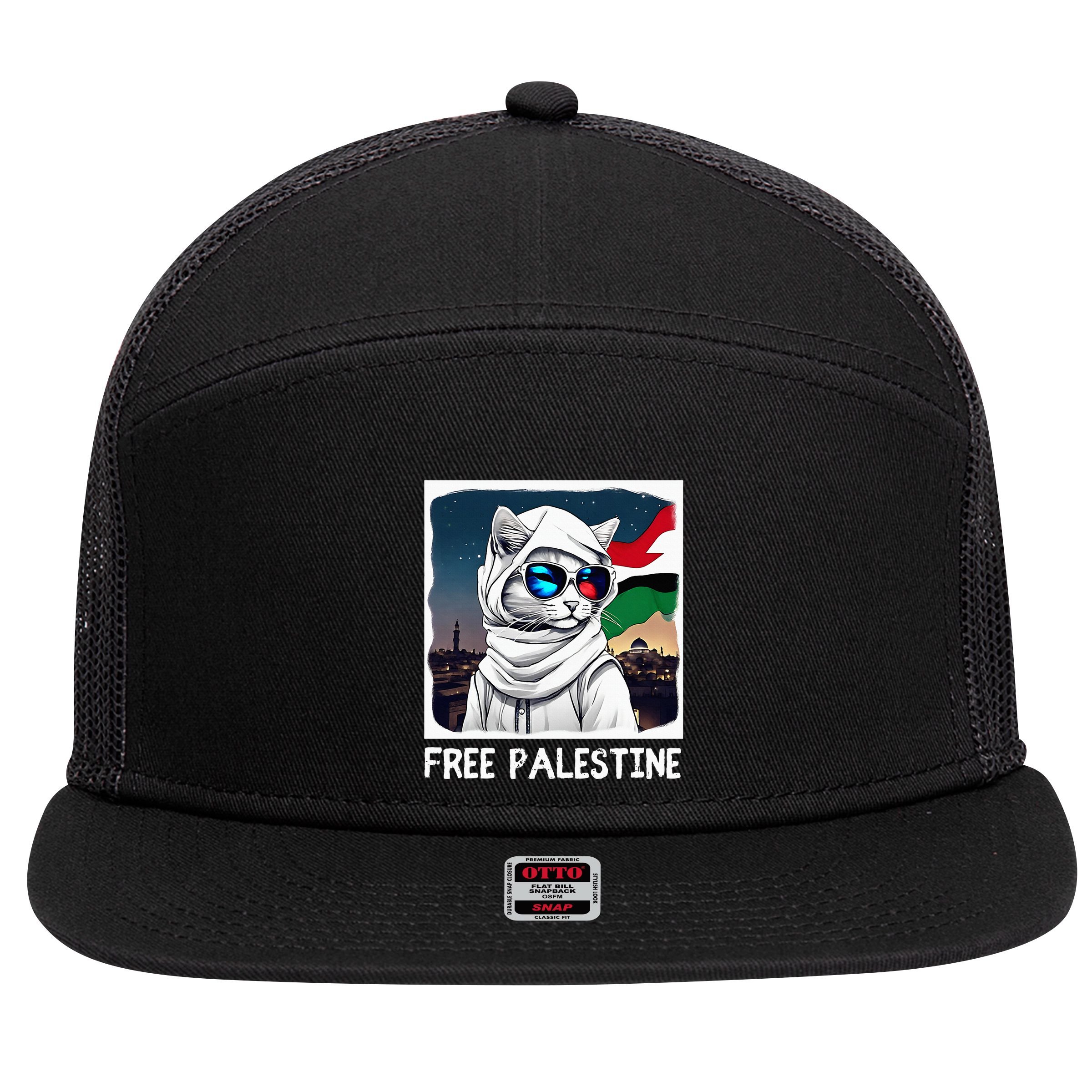 Free Palestine Flag Palestinian Cat 7 Panel Mesh Trucker Snapback Hat
