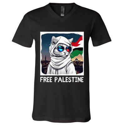Free Palestine Flag Palestinian Cat V-Neck T-Shirt