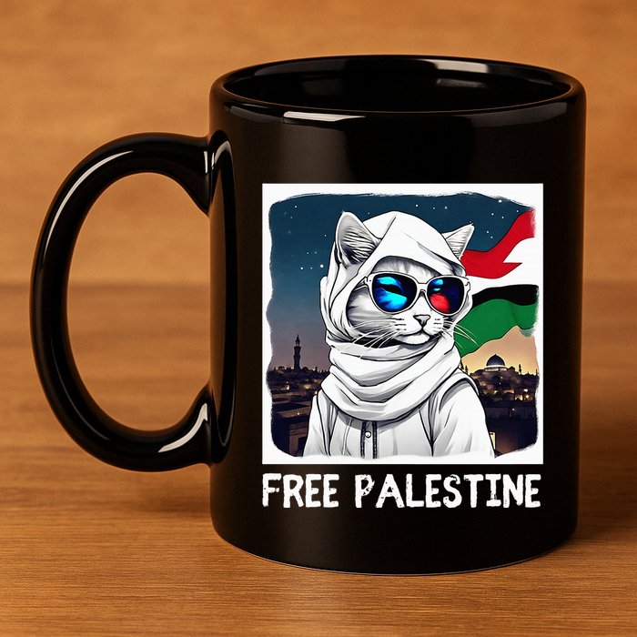 Free Palestine Flag Palestinian Cat 11oz C Handle Ceramic Mug