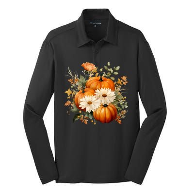 Fall Pumpkin Floral Holiday Silk Touch Performance Long Sleeve Polo