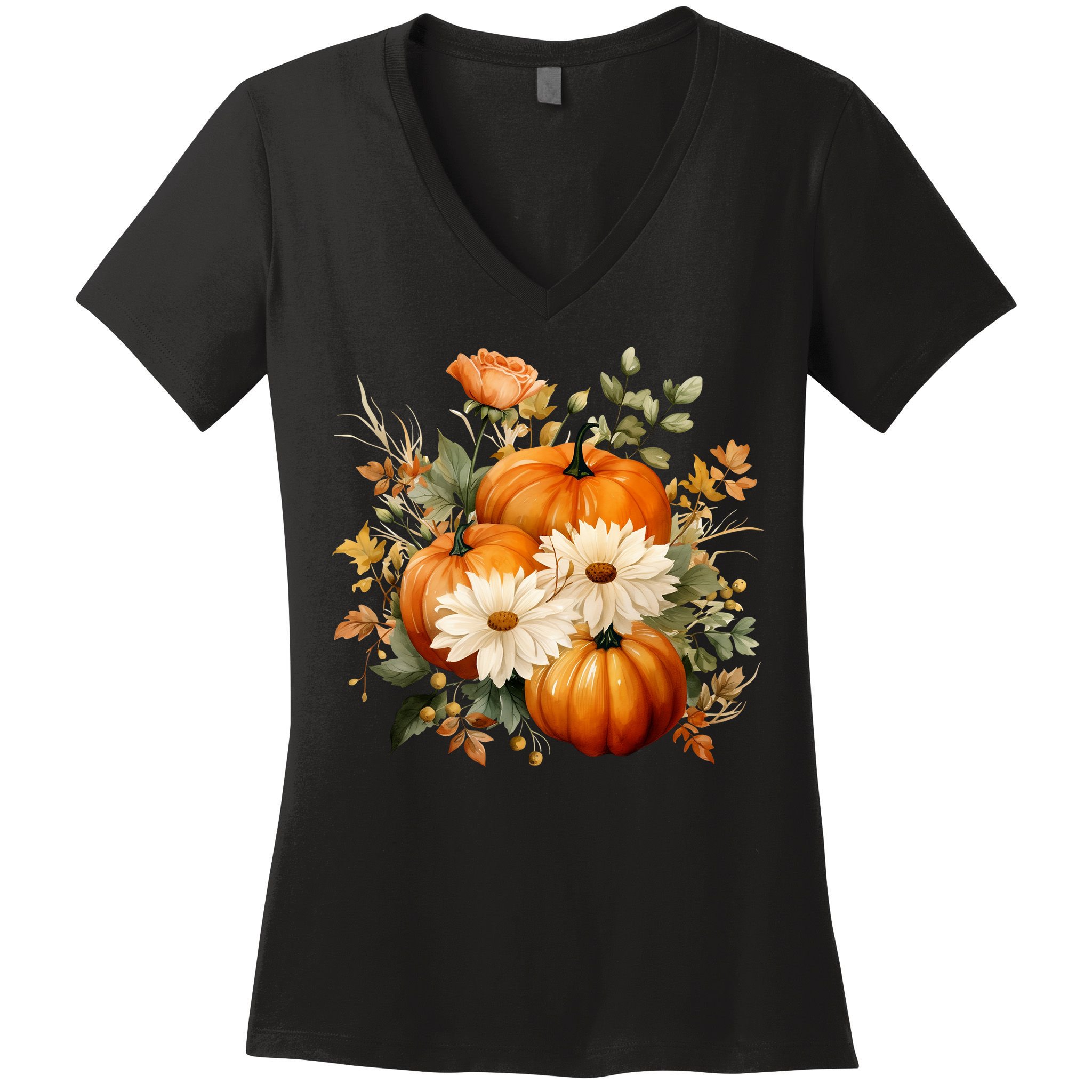 Fall Pumpkin Floral Holiday Women's V-Neck T-Shirt