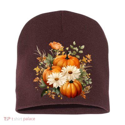 Fall Pumpkin Floral Holiday Short Acrylic Beanie
