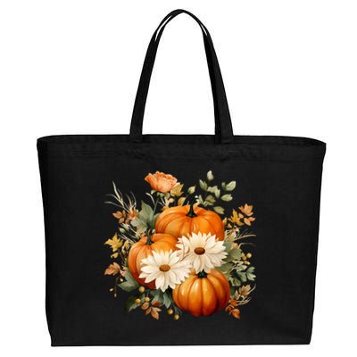 Fall Pumpkin Floral Holiday Cotton Canvas Jumbo Tote