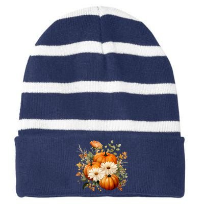 Fall Pumpkin Floral Holiday Striped Beanie with Solid Band