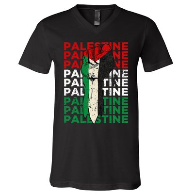 FREE PALESTINE Flag Save Gaza Support Arabic West Bank Help  V-Neck T-Shirt