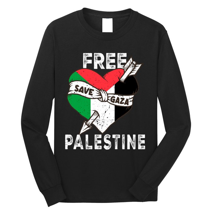 Free Palestine Flag Save Gaza Palestinian Love Heart Long Sleeve Shirt