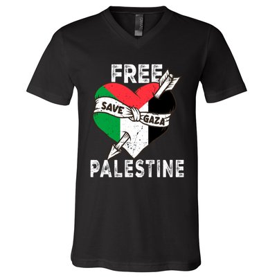 Free Palestine Flag Save Gaza Palestinian Love Heart V-Neck T-Shirt