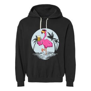 Funny Pink Flamingo Bird With Mug Of Beer Summer Vacation Garment-Dyed Fleece Hoodie