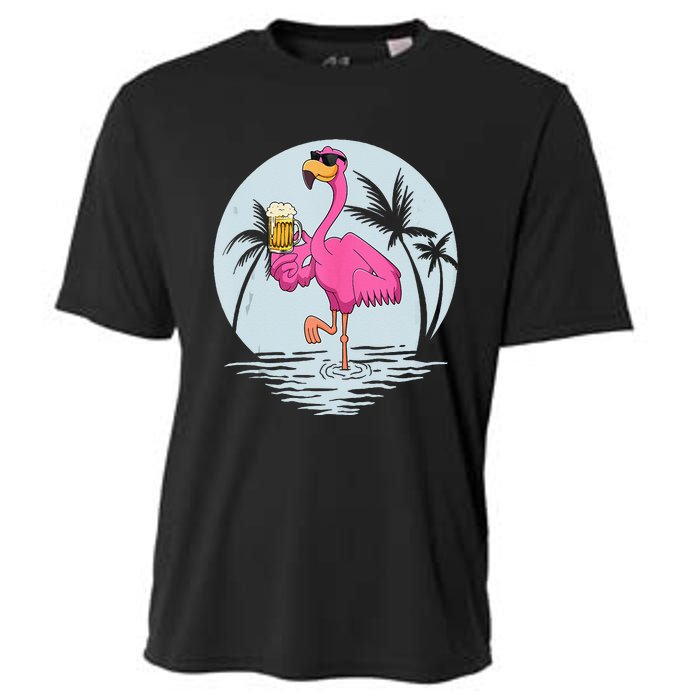 Funny Pink Flamingo Bird With Mug Of Beer Summer Vacation Cooling Performance Crew T-Shirt