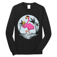 Funny Pink Flamingo Bird With Mug Of Beer Summer Vacation Long Sleeve Shirt