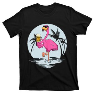 Funny Pink Flamingo Bird With Mug Of Beer Summer Vacation T-Shirt