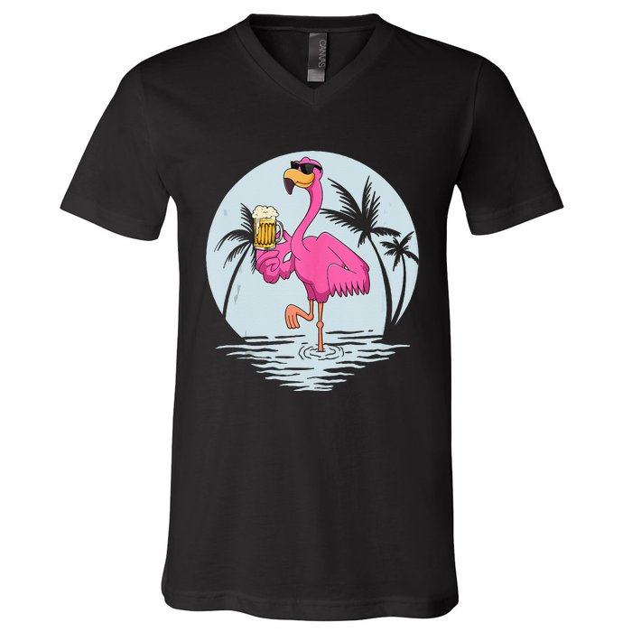 Funny Pink Flamingo Bird With Mug Of Beer Summer Vacation V-Neck T-Shirt