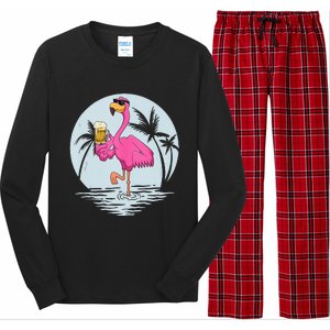 Funny Pink Flamingo Bird With Mug Of Beer Summer Vacation Long Sleeve Pajama Set