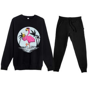 Funny Pink Flamingo Bird With Mug Of Beer Summer Vacation Premium Crewneck Sweatsuit Set