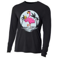 Funny Pink Flamingo Bird With Mug Of Beer Summer Vacation Cooling Performance Long Sleeve Crew