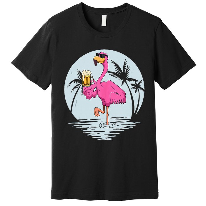 Funny Pink Flamingo Bird With Mug Of Beer Summer Vacation Premium T-Shirt