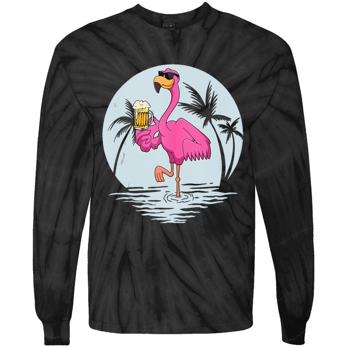 Funny Pink Flamingo Bird With Mug Of Beer Summer Vacation Tie-Dye Long Sleeve Shirt