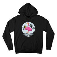 Funny Pink Flamingo Bird With Mug Of Beer Summer Vacation Tall Hoodie