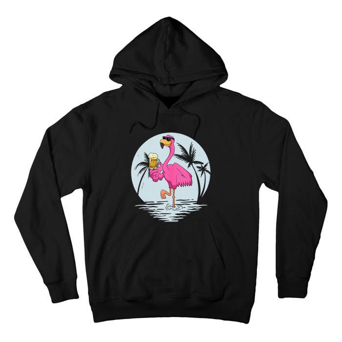 Funny Pink Flamingo Bird With Mug Of Beer Summer Vacation Tall Hoodie