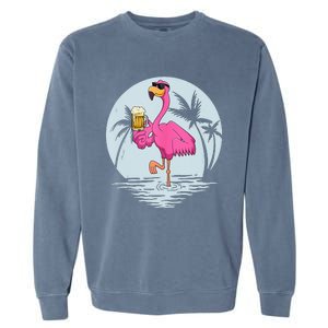 Funny Pink Flamingo Bird With Mug Of Beer Summer Vacation Garment-Dyed Sweatshirt