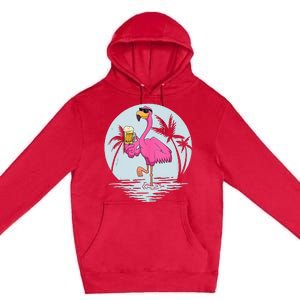 Funny Pink Flamingo Bird With Mug Of Beer Summer Vacation Premium Pullover Hoodie