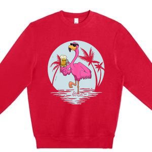 Funny Pink Flamingo Bird With Mug Of Beer Summer Vacation Premium Crewneck Sweatshirt