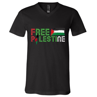 Free Palestine Flag Arabic Free Gaza Palestinian Flag V-Neck T-Shirt