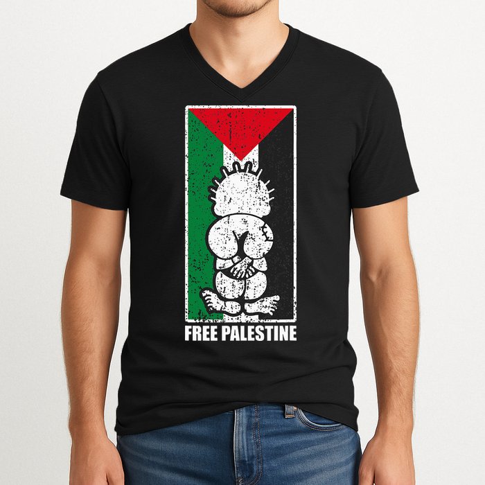 Free Palestine Flag Hanthala Gaza Save Sheikh Jarrah V-Neck T-Shirt