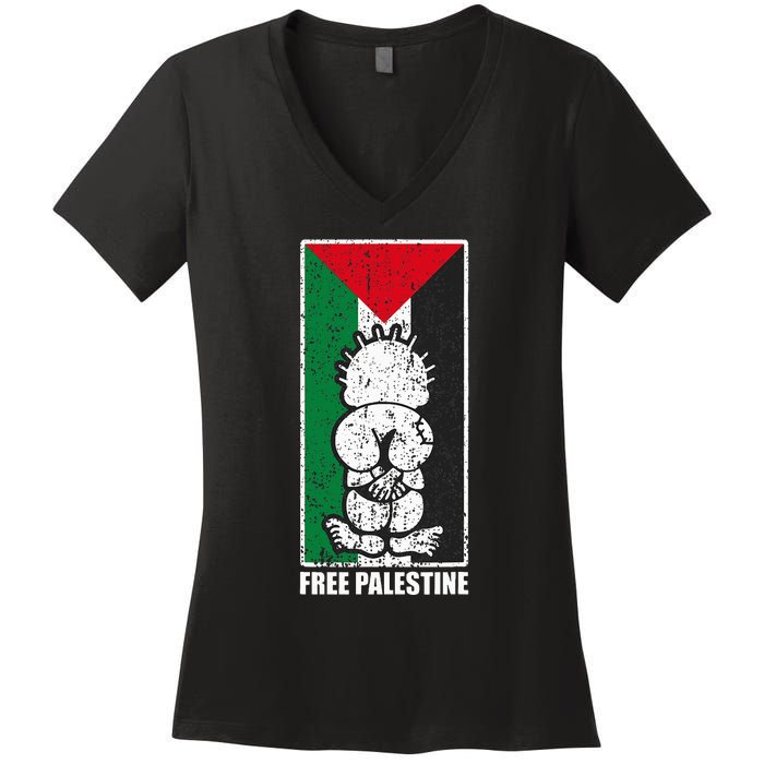 Free Palestine Flag Hanthala Gaza Save Sheikh Jarrah Women's V-Neck T-Shirt