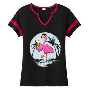 Funny Pink Flamingo Bird With Mug Of Beer Summer Vacation Ladies Halftime Notch Neck Tee