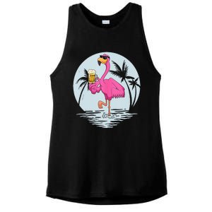 Funny Pink Flamingo Bird With Mug Of Beer Summer Vacation Ladies PosiCharge Tri-Blend Wicking Tank