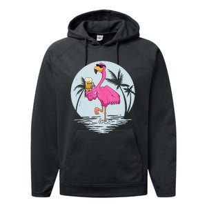 Funny Pink Flamingo Bird With Mug Of Beer Summer Vacation Performance Fleece Hoodie