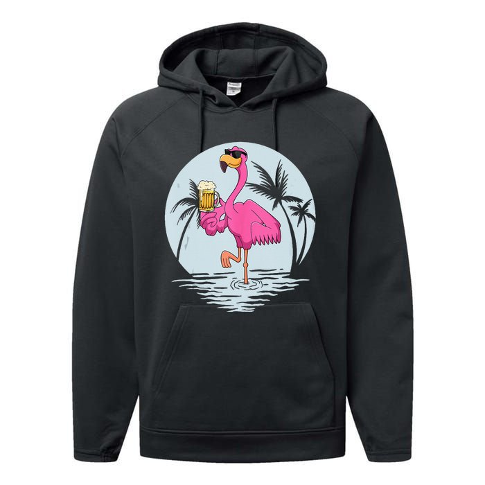 Funny Pink Flamingo Bird With Mug Of Beer Summer Vacation Performance Fleece Hoodie