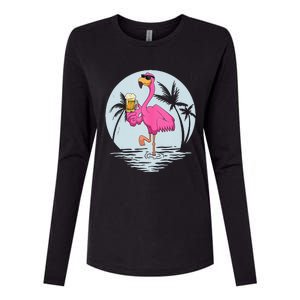 Funny Pink Flamingo Bird With Mug Of Beer Summer Vacation Womens Cotton Relaxed Long Sleeve T-Shirt