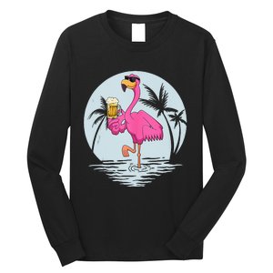 Funny Pink Flamingo Bird With Mug Of Beer Summer Vacation Long Sleeve Shirt