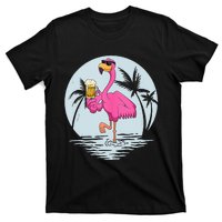 Funny Pink Flamingo Bird With Mug Of Beer Summer Vacation T-Shirt