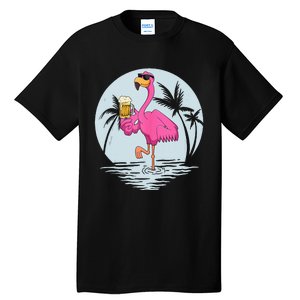 Funny Pink Flamingo Bird With Mug Of Beer Summer Vacation Tall T-Shirt