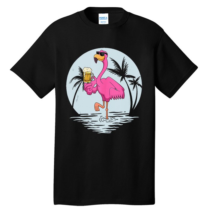 Funny Pink Flamingo Bird With Mug Of Beer Summer Vacation Tall T-Shirt