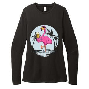 Funny Pink Flamingo Bird With Mug Of Beer Summer Vacation Womens CVC Long Sleeve Shirt